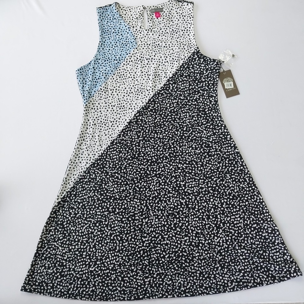 Vince Camuto A-line Shift Dress Size M Womans Black Blue White Sleeveless Light